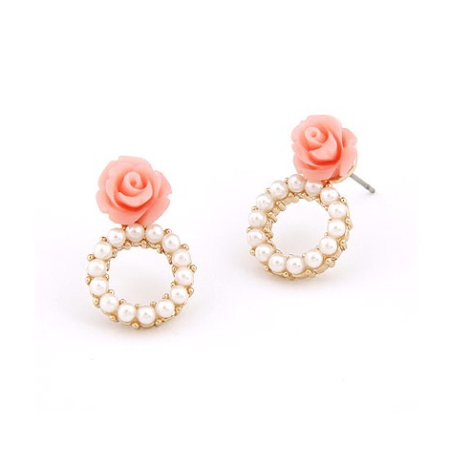 Pink Rose Pearl Hoop Stud Earrings